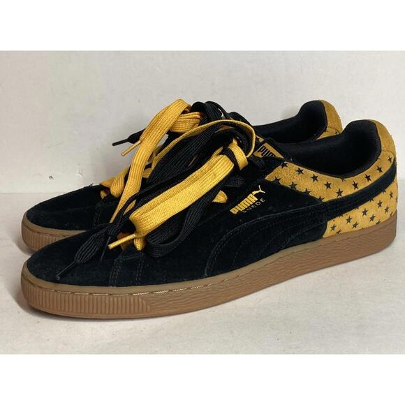Men’s 11 Puma Suede Classic Sneakers Black Yellow Stars Gum Bottom 361543 02 - Picture 1 of 9